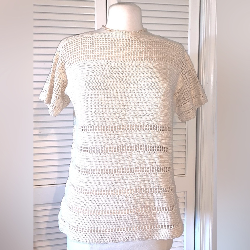 Vintage crocheted short sleeve blouse handmade in Philippines XL Ivory